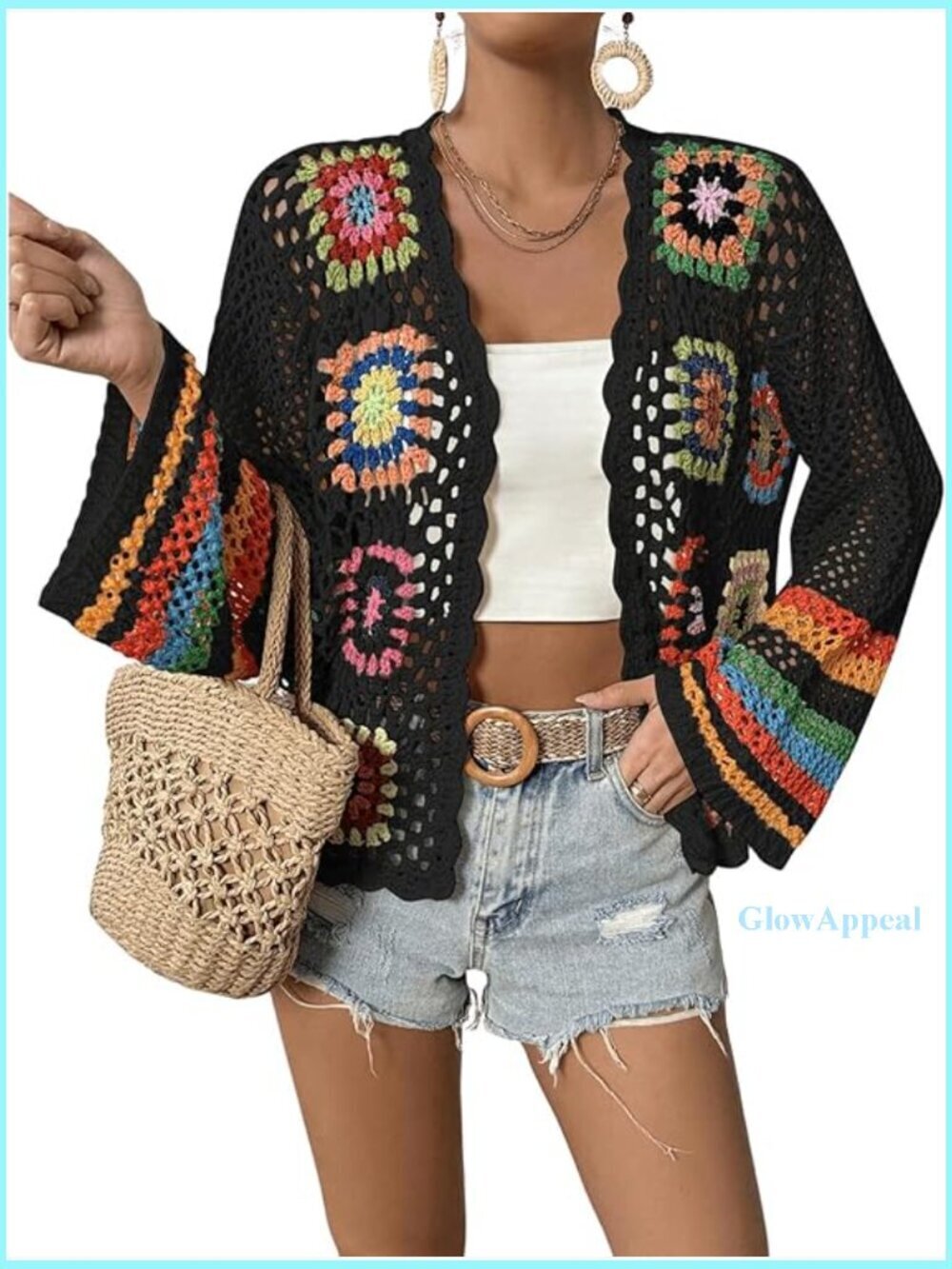 Floral Crochet Cardigan Sweater Lightweight Hollow Out Open Front